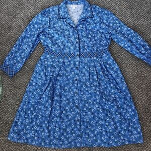 Lanz Of Salzburg Blue Cotton Button Down Dress Floral Trachten 2 XL EUC